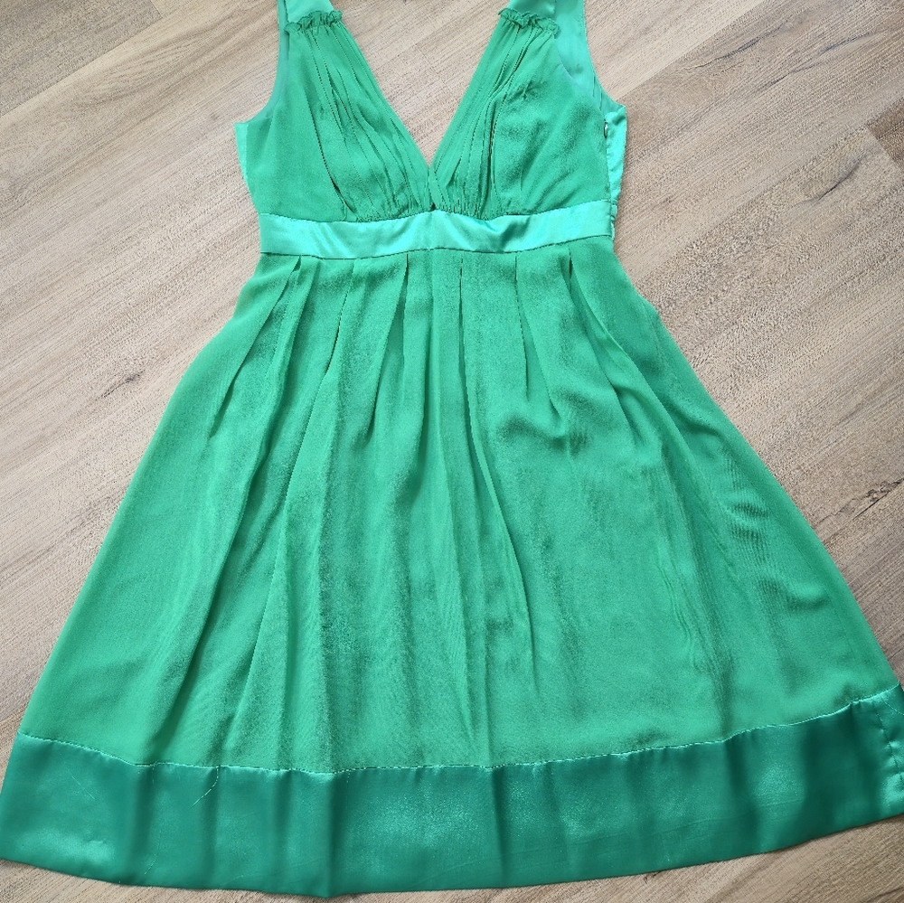 Green V-Neck Satin Fit & Flare Dress
